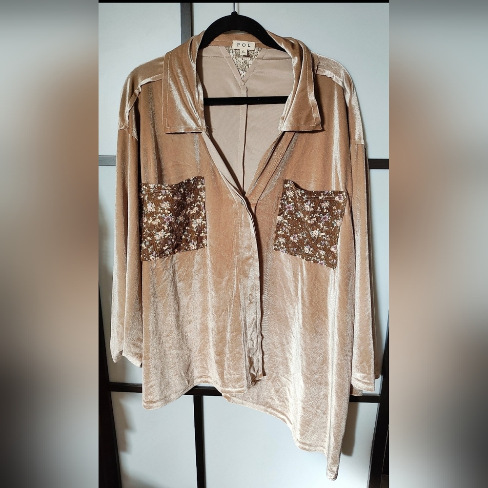 POL Velvet Button-Down Shirt with Floral Accents
